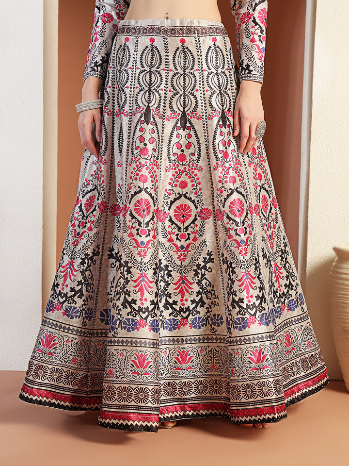 Chhabra 555 Digital Printed Kalidar Lehenga Set with Crystal Embellishments & Colorful Tassels
