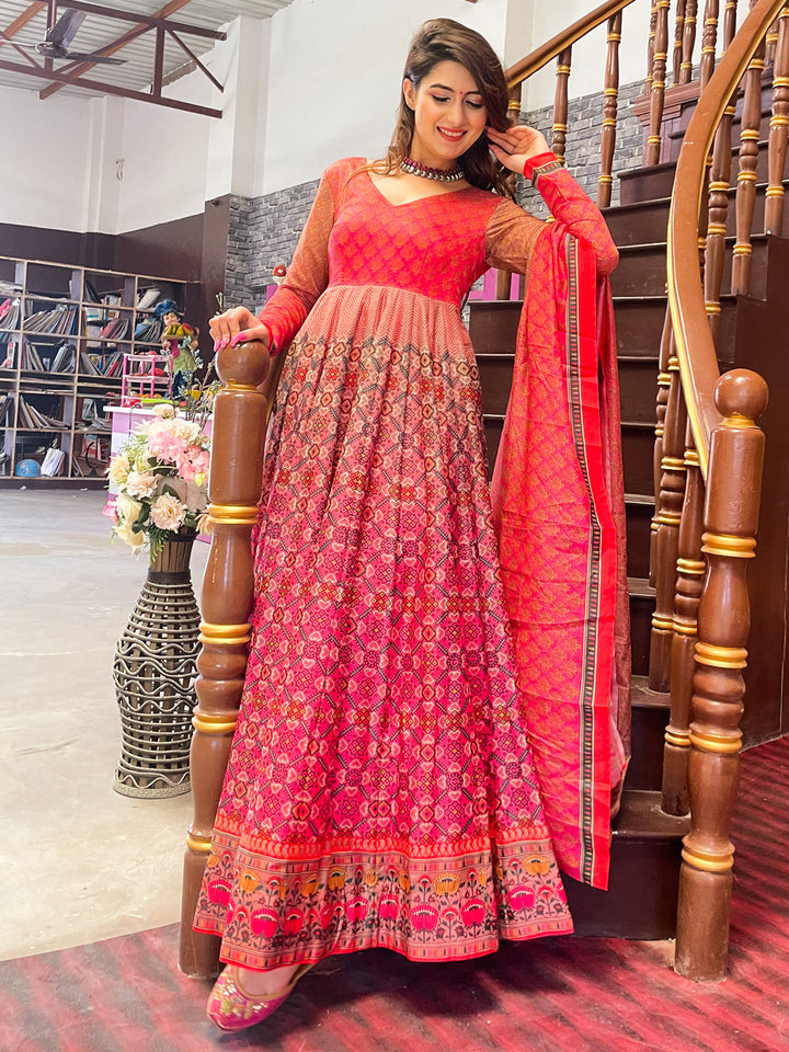 Coral Pink Digital Printed Full Sleeves, Long Flared Gown With Dupatta