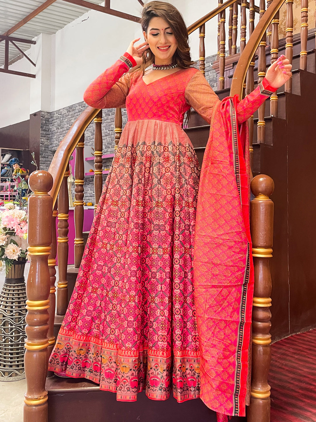 Coral Pink Digital Printed Full Sleeves, Long Flared Gown With Dupatta