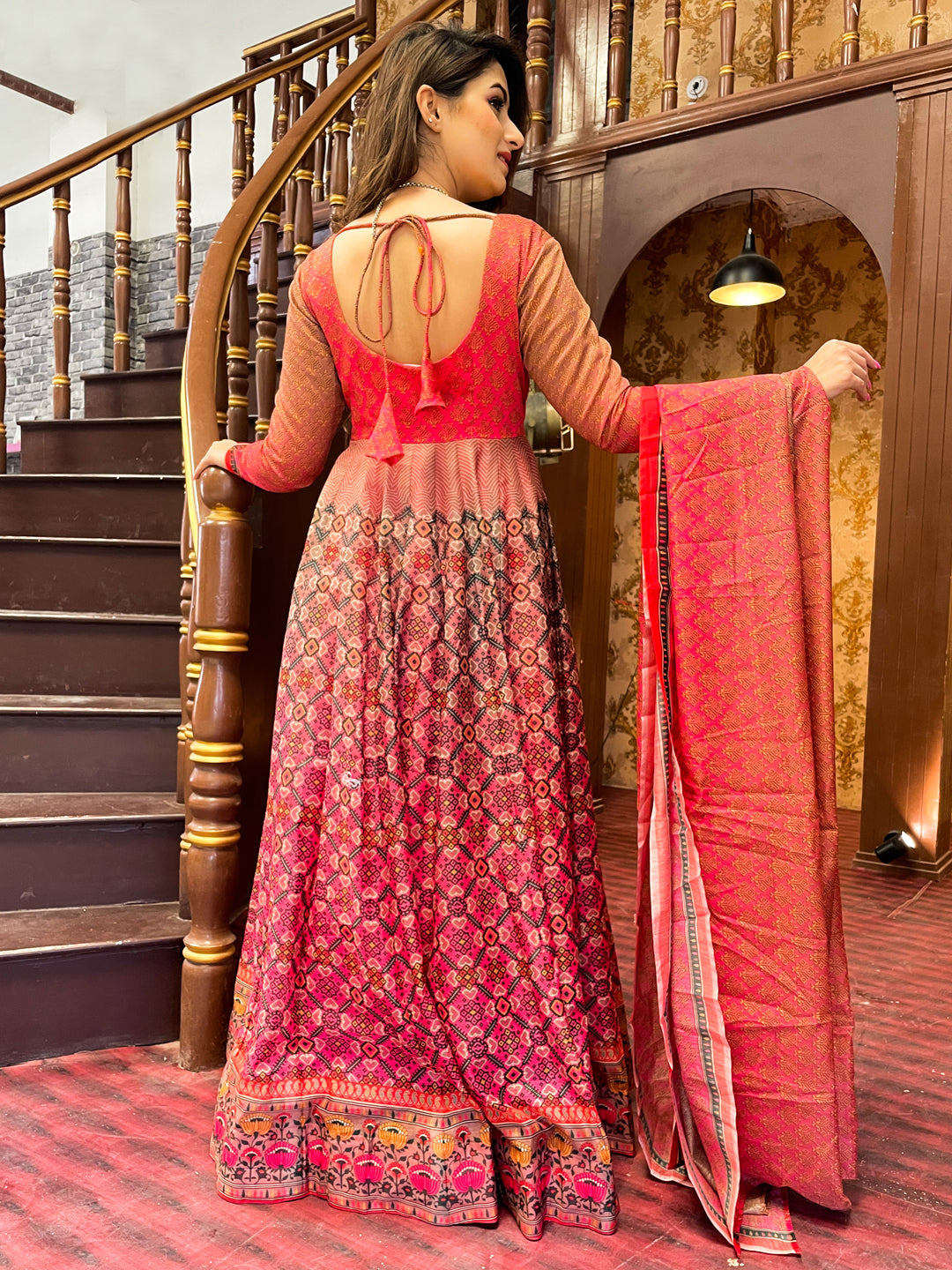 Coral Pink Digital Printed Full Sleeves, Long Flared Gown With Dupatta