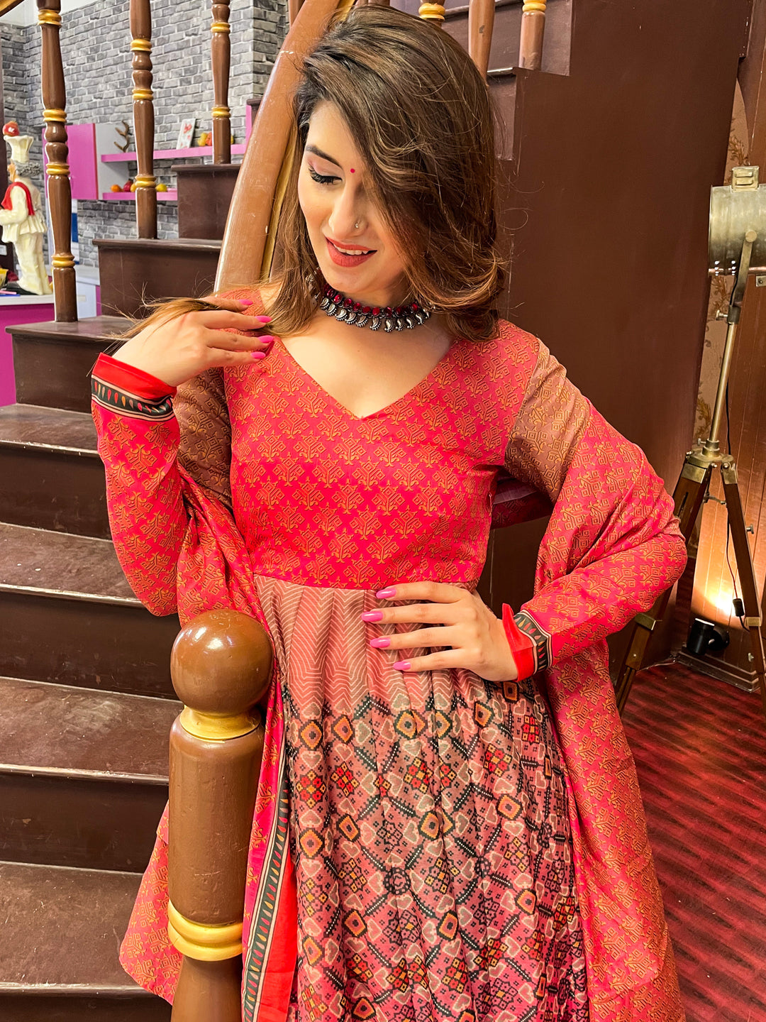 Coral Pink Digital Printed Full Sleeves, Long Flared Gown With Dupatta