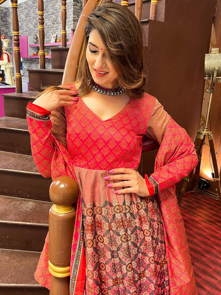 Coral Pink Digital Printed Full Sleeves, Long Flared Gown With Dupatta
