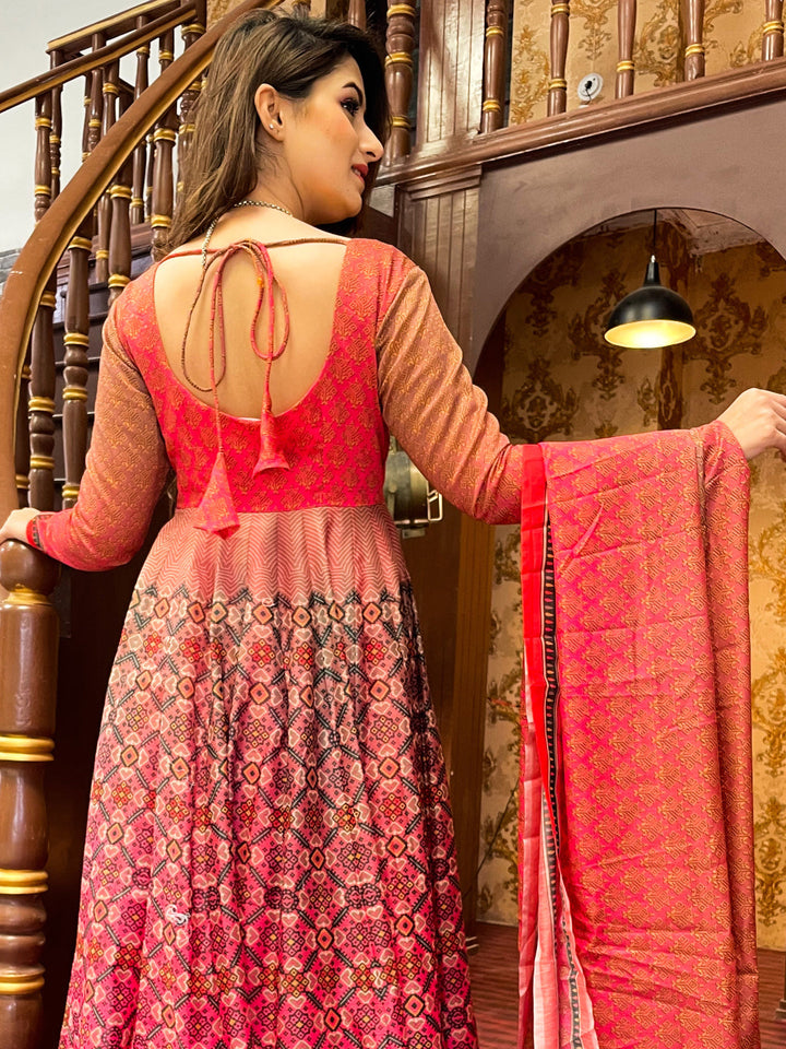Coral Pink Digital Printed Full Sleeves, Long Flared Gown With Dupatta