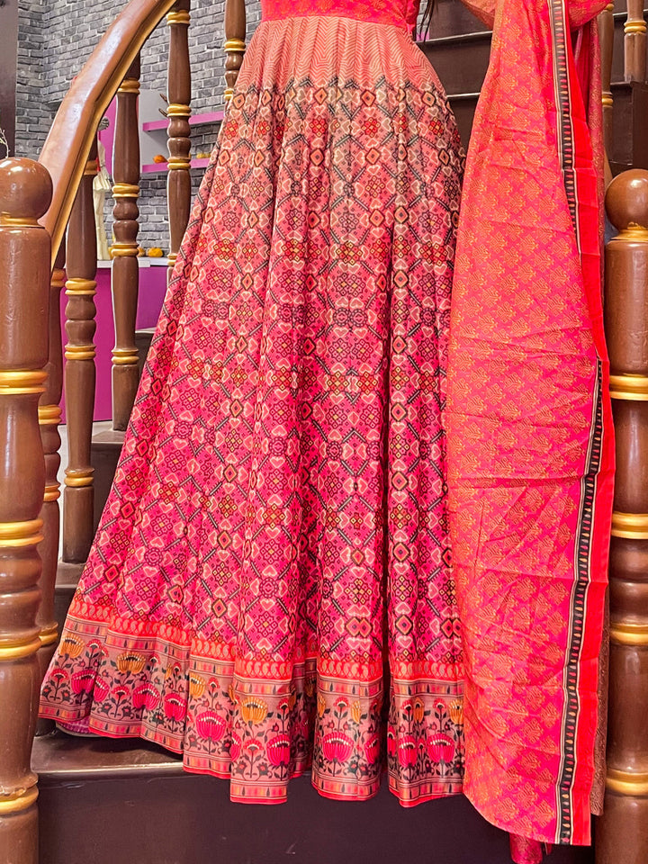 Coral Pink Digital Printed Full Sleeves, Long Flared Gown With Dupatta