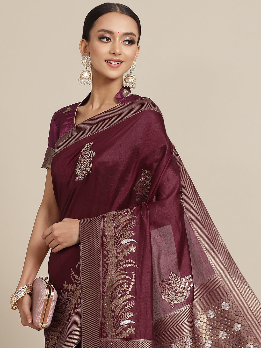 Burgundy Gold Zari & Crystal Embellished Chanderi Traditional Saree