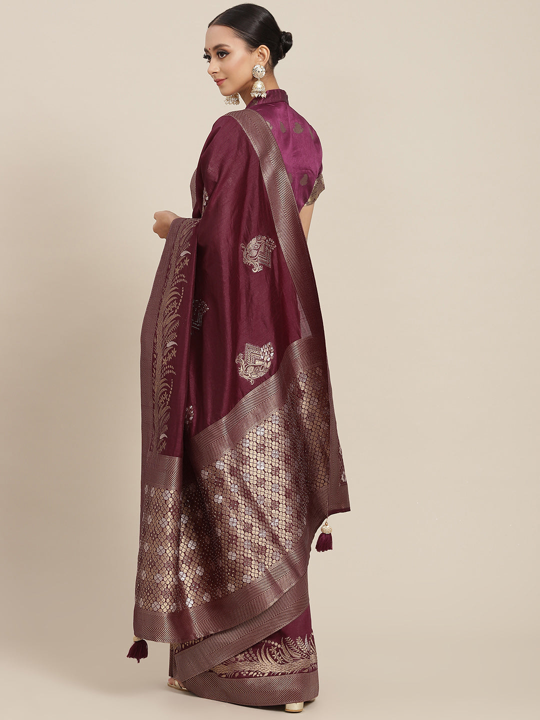 Burgundy Gold Zari & Crystal Embellished Chanderi Traditional Saree