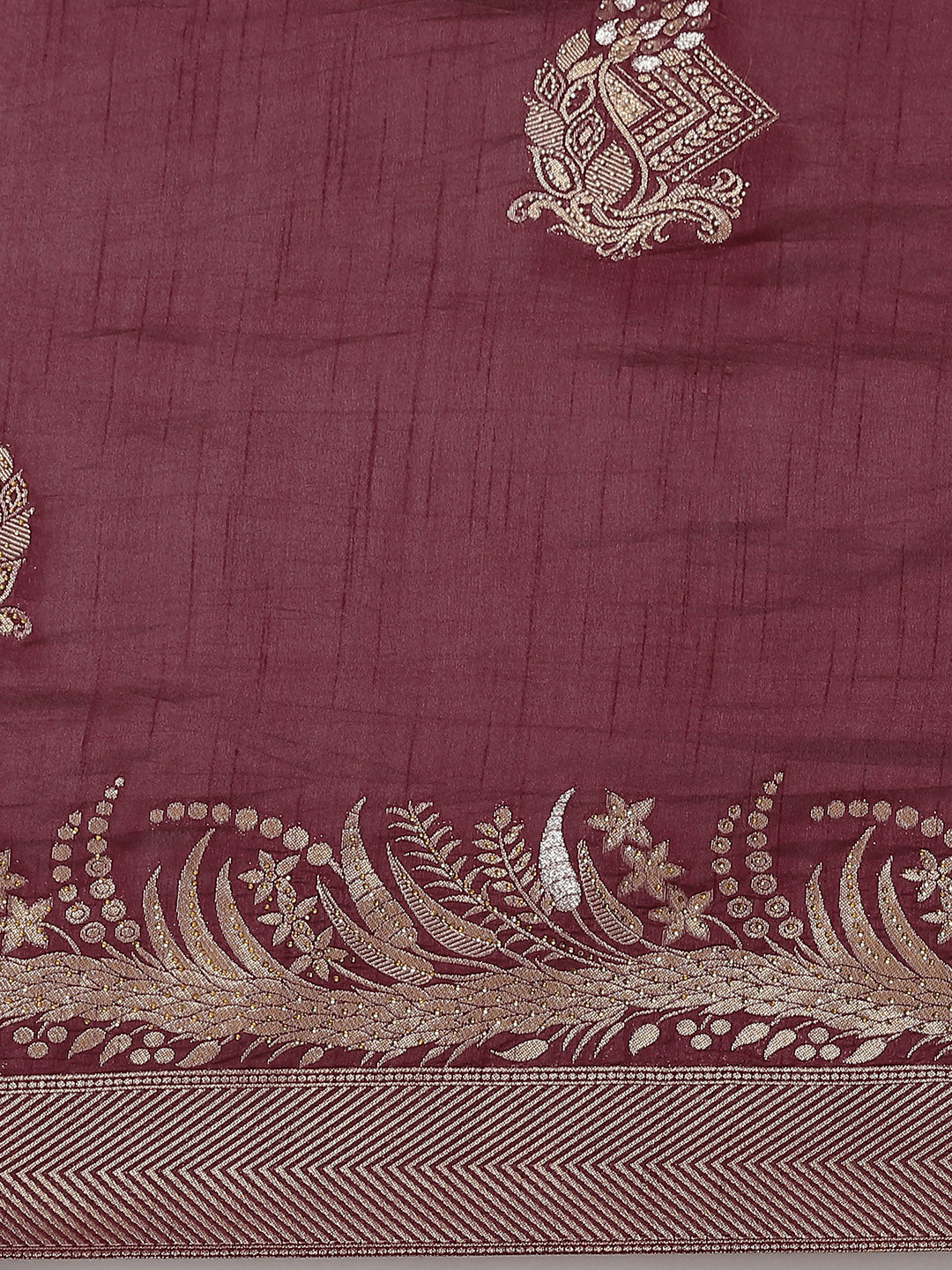Burgundy Gold Zari & Crystal Embellished Chanderi Traditional Saree