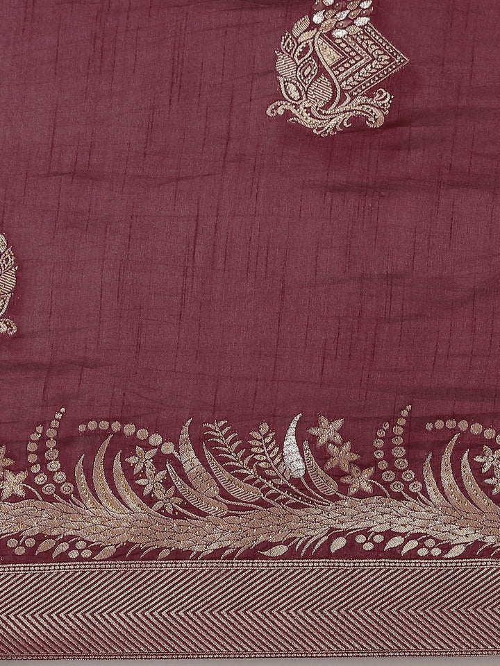 Burgundy Gold Zari & Crystal Embellished Chanderi Traditional Saree