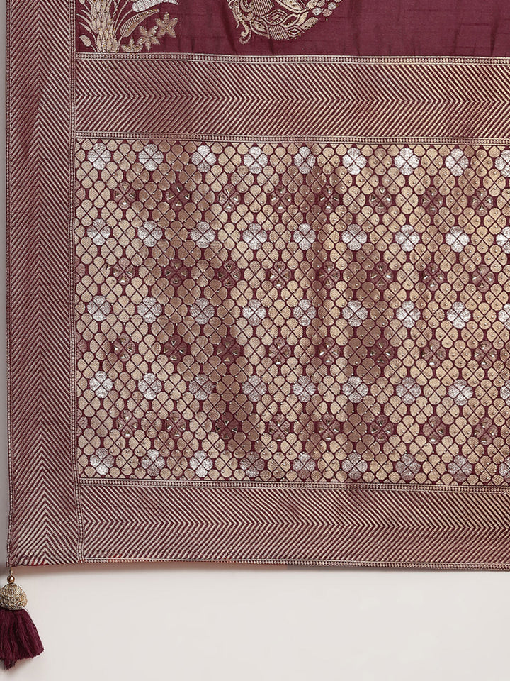 Burgundy Gold Zari & Crystal Embellished Chanderi Traditional Saree
