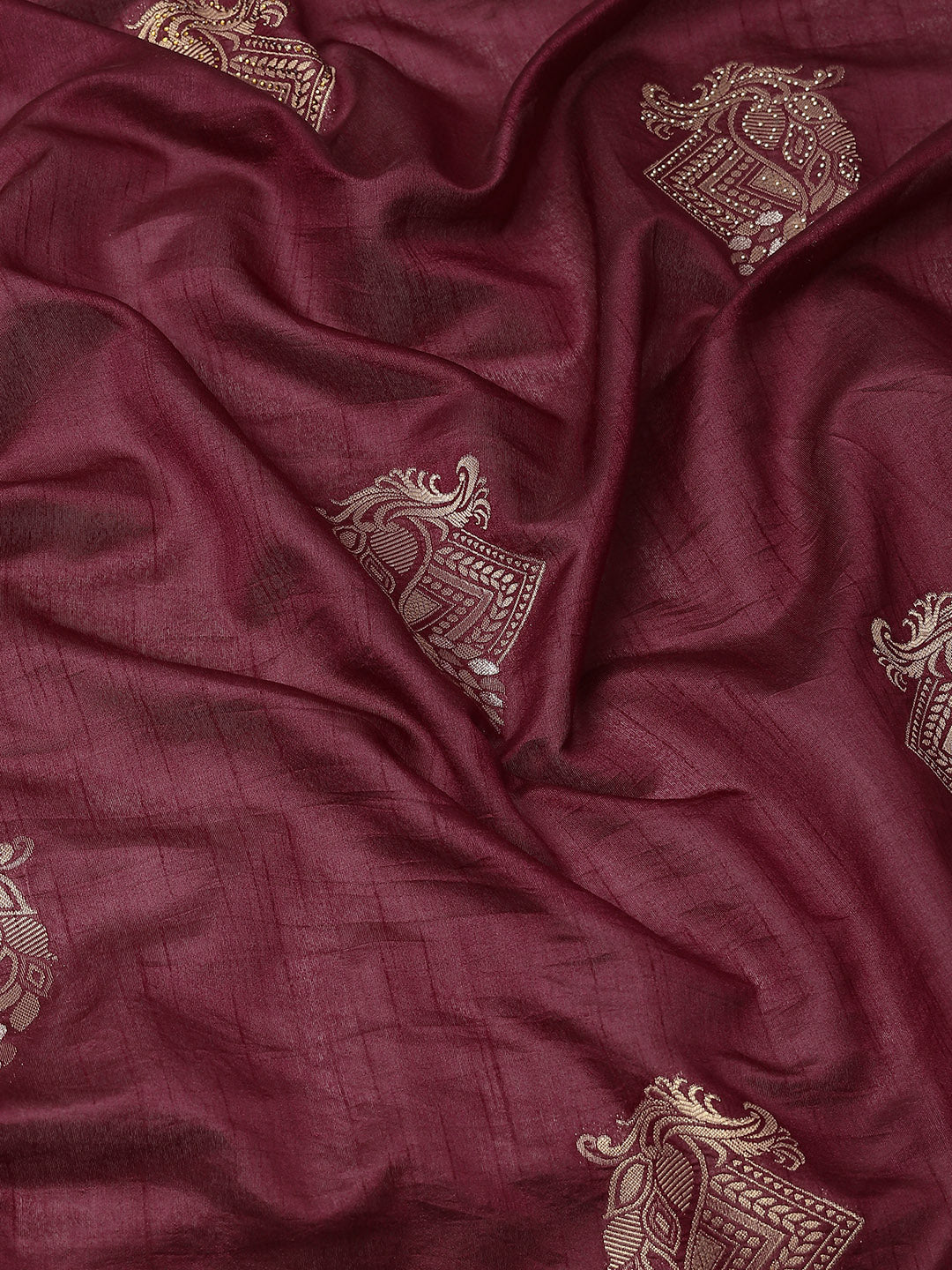 Burgundy Gold Zari & Crystal Embellished Chanderi Traditional Saree