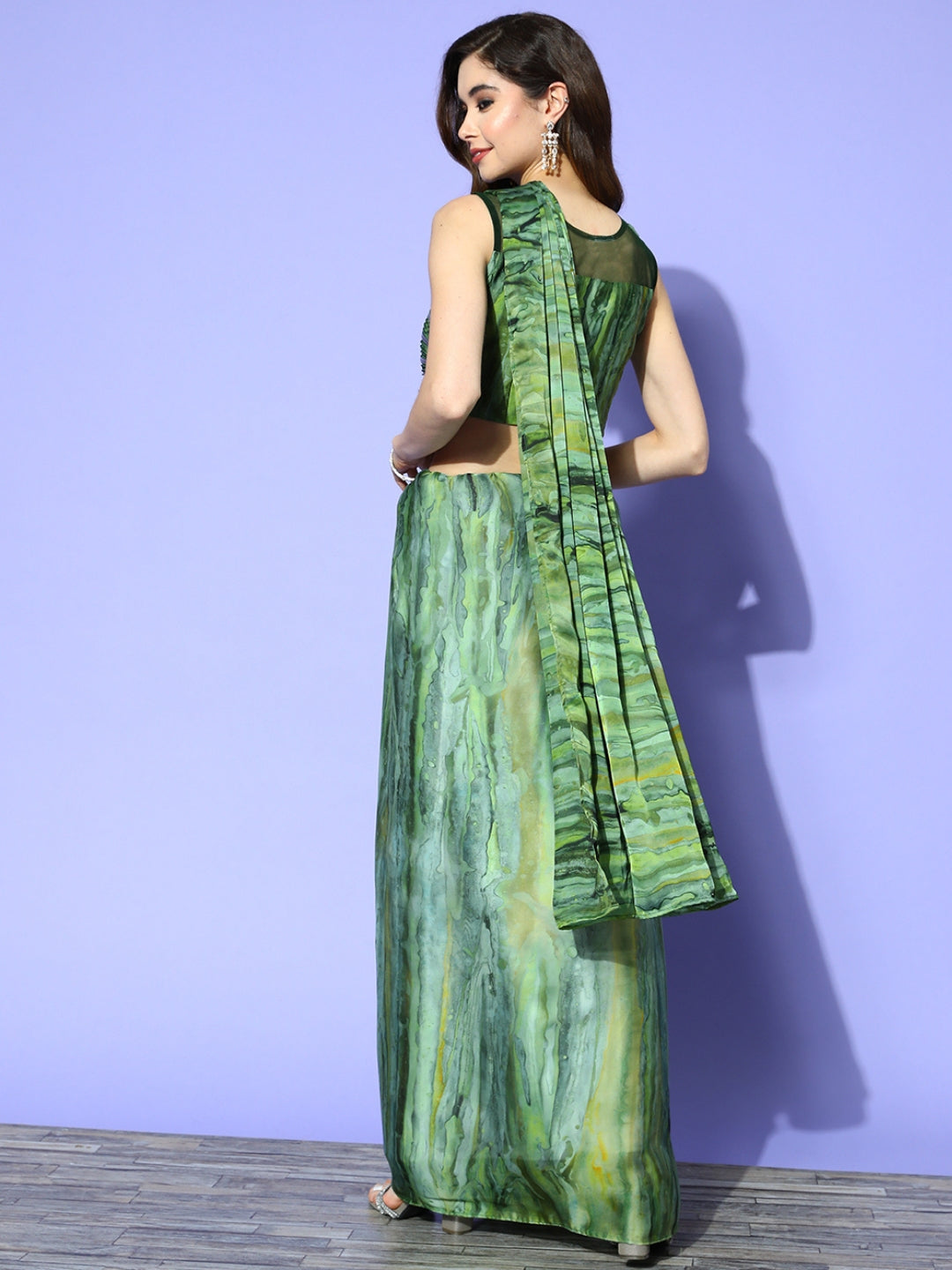 Green Ombre Marble Prints Drape Saree With Applique Embellished Blouse