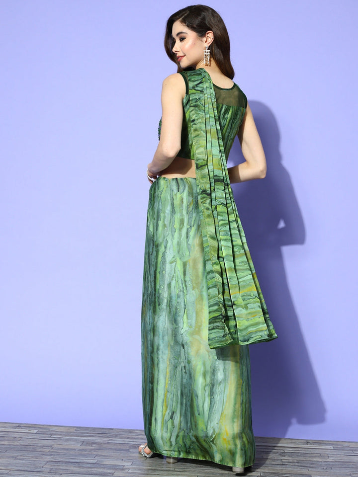 Green Ombre Marble Prints Drape Saree With Applique Embellished Blouse
