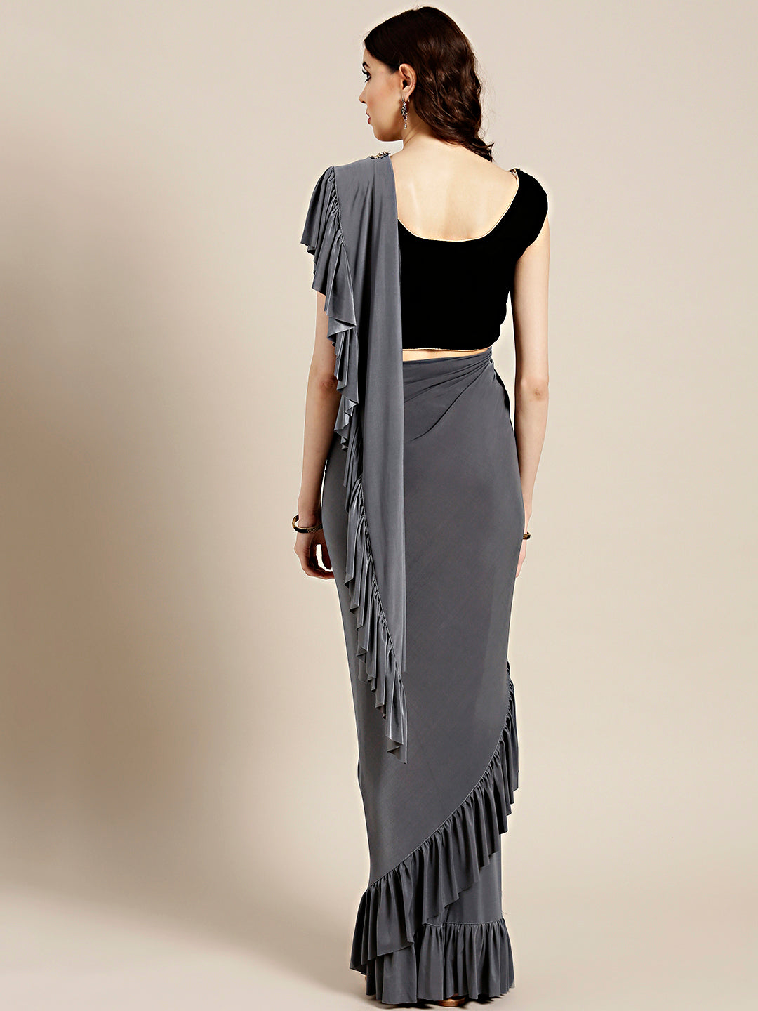 Draped Ruffled Pre-stitched Saree with Embellished Sequinned Crop Top Blouse