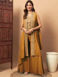 Chhabra 555 Zircon Embellished Festive Georgette Crop-Top Palazzo Set with Aari Embroidered Jacket