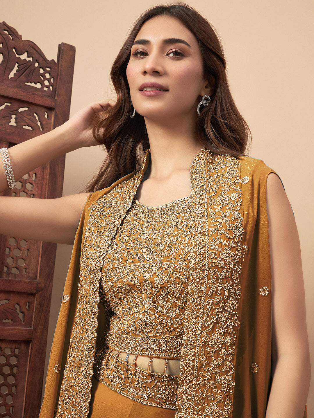 Zircon Embellished Festive Georgette Crop-Top Palazzo Set with Aari Embroidered Jacket