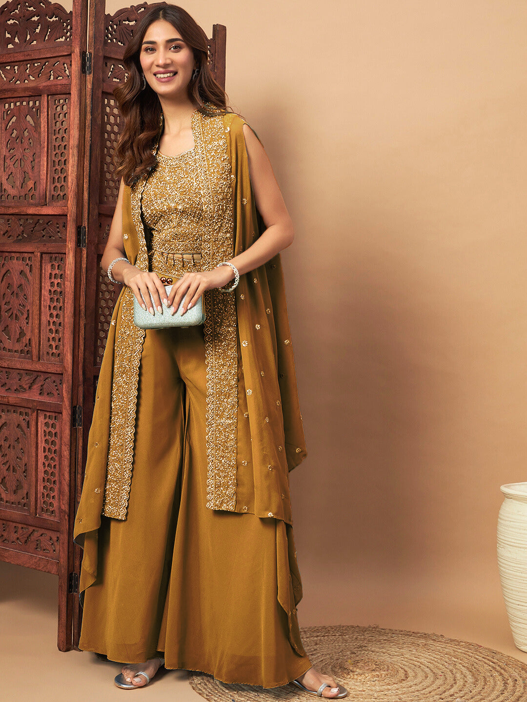 Zircon Embellished Festive Georgette Crop-Top Palazzo Set with Aari Embroidered Jacket