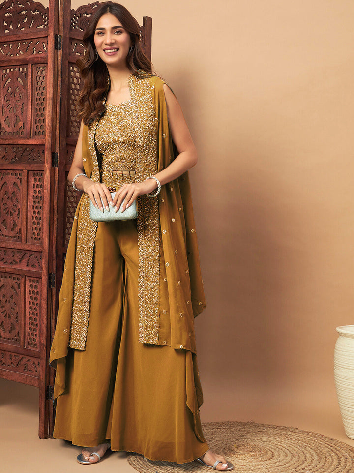 Zircon Embellished Festive Georgette Crop-Top Palazzo Set with Aari Embroidered Jacket