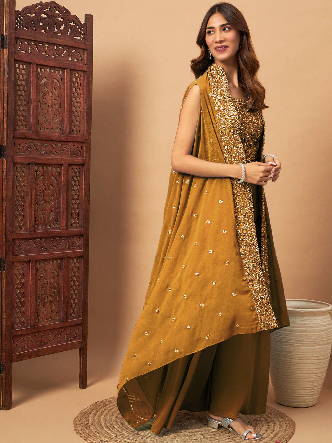 Zircon Embellished Festive Georgette Crop-Top Palazzo Set with Aari Embroidered Jacket
