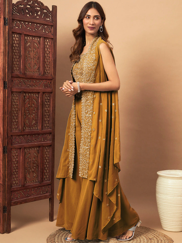 Zircon Embellished Festive Georgette Crop-Top Palazzo Set with Aari Embroidered Jacket