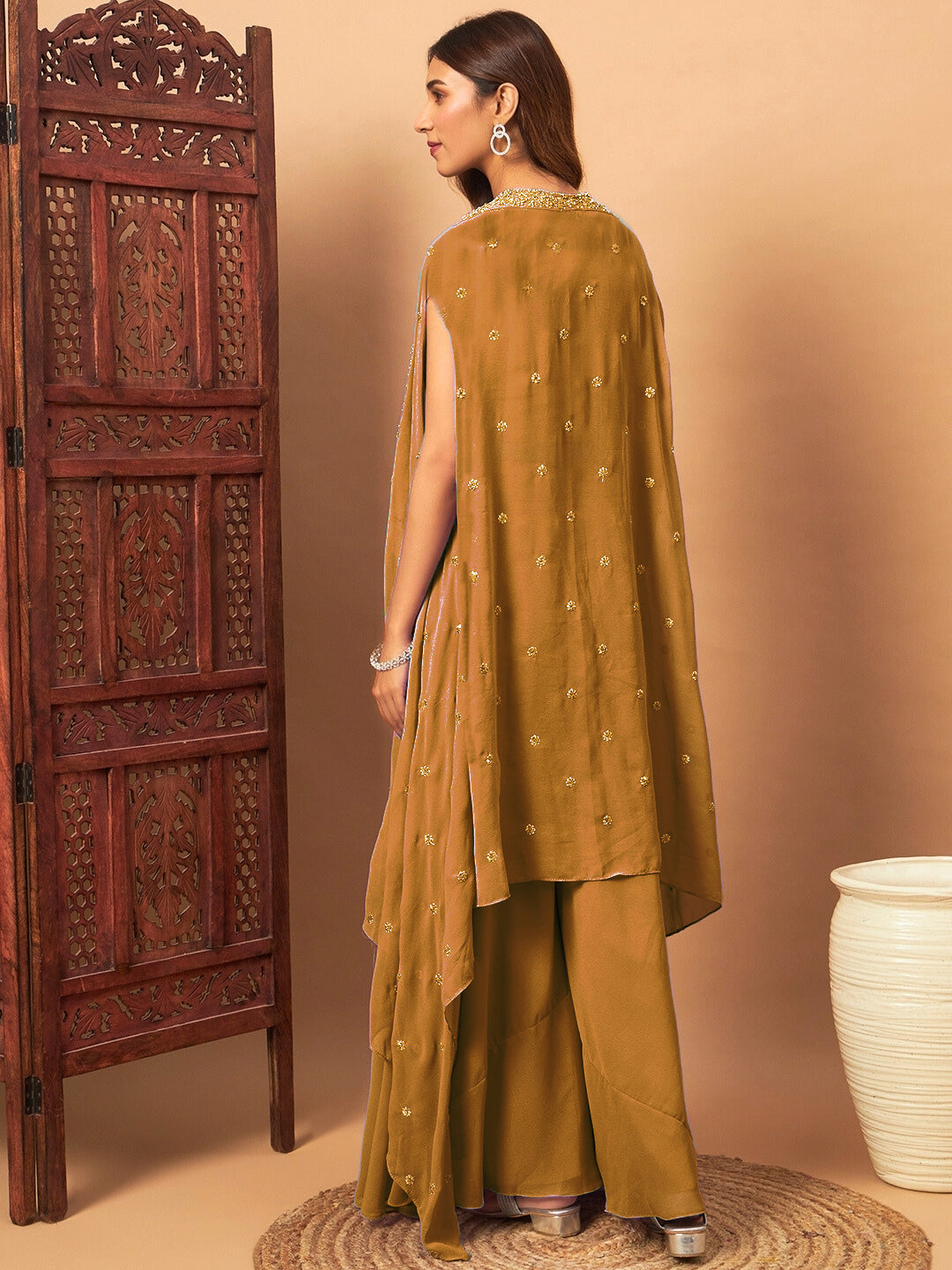 Zircon Embellished Festive Georgette Crop-Top Palazzo Set with Aari Embroidered Jacket