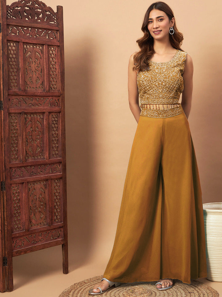 Zircon Embellished Festive Georgette Crop-Top Palazzo Set with Aari Embroidered Jacket