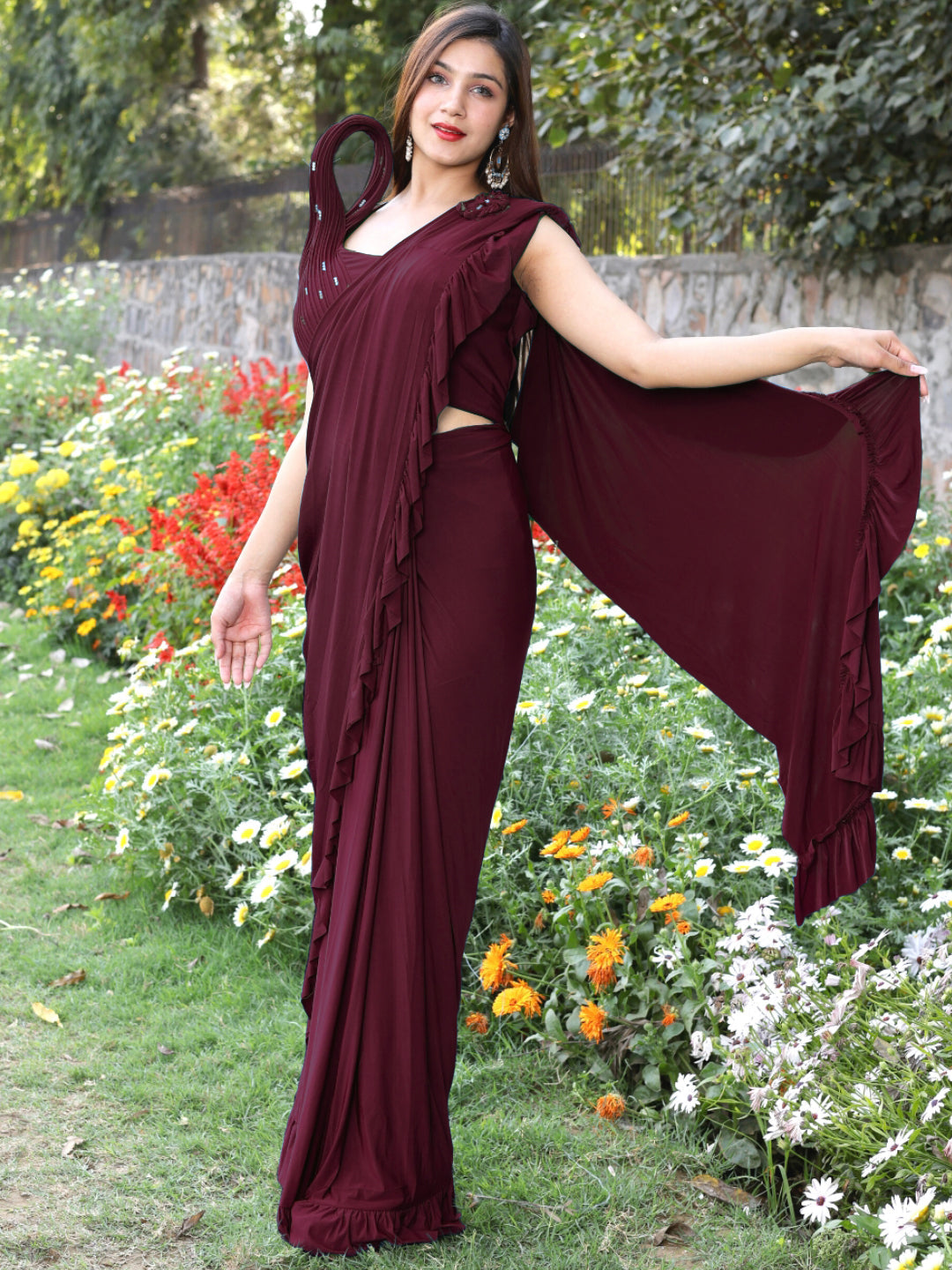 Pre-Draped Embellshed Ruffled Saree with Structured Pleated Blouse