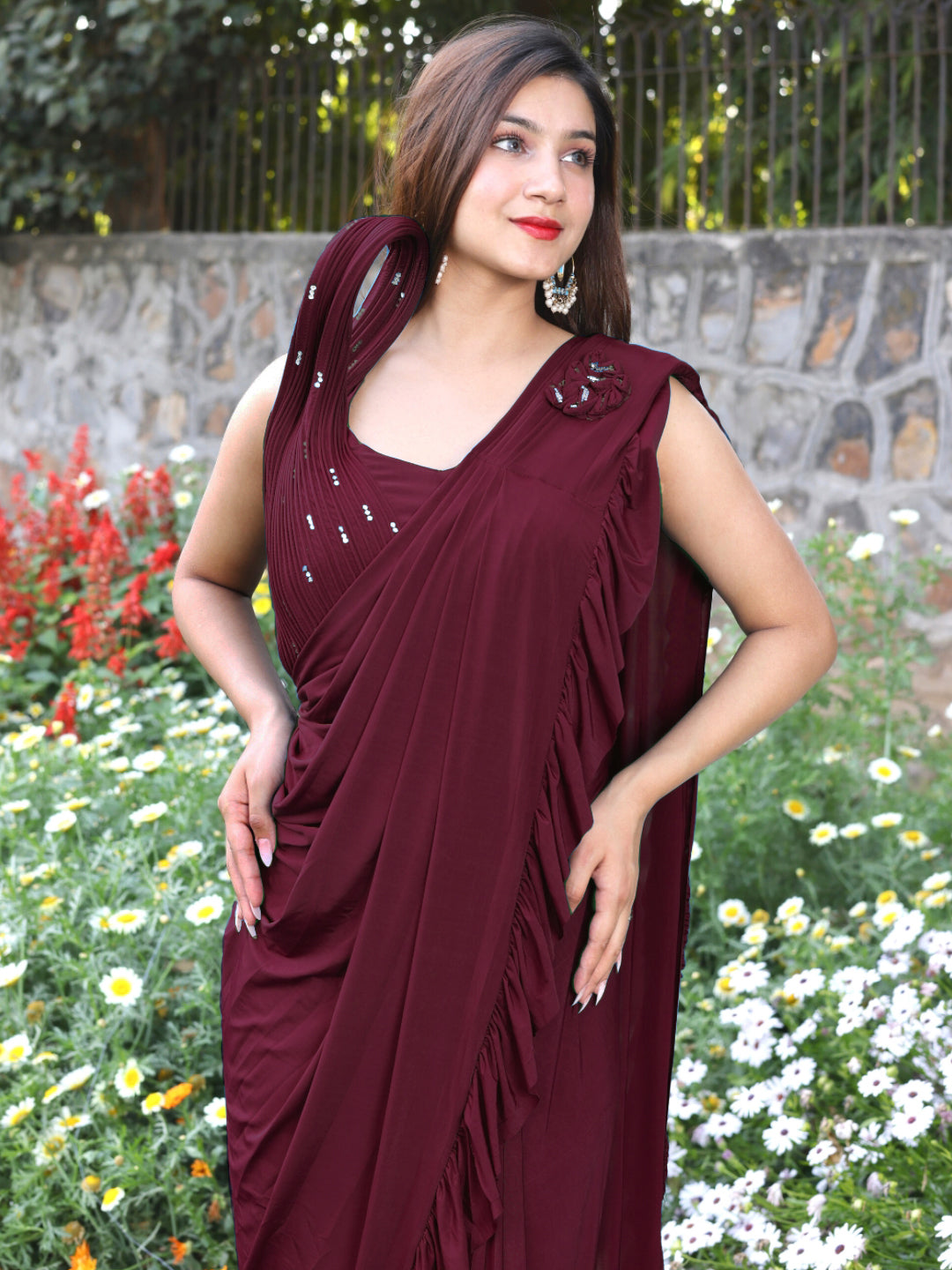 Pre-Draped Embellshed Ruffled Saree with Structured Pleated Blouse
