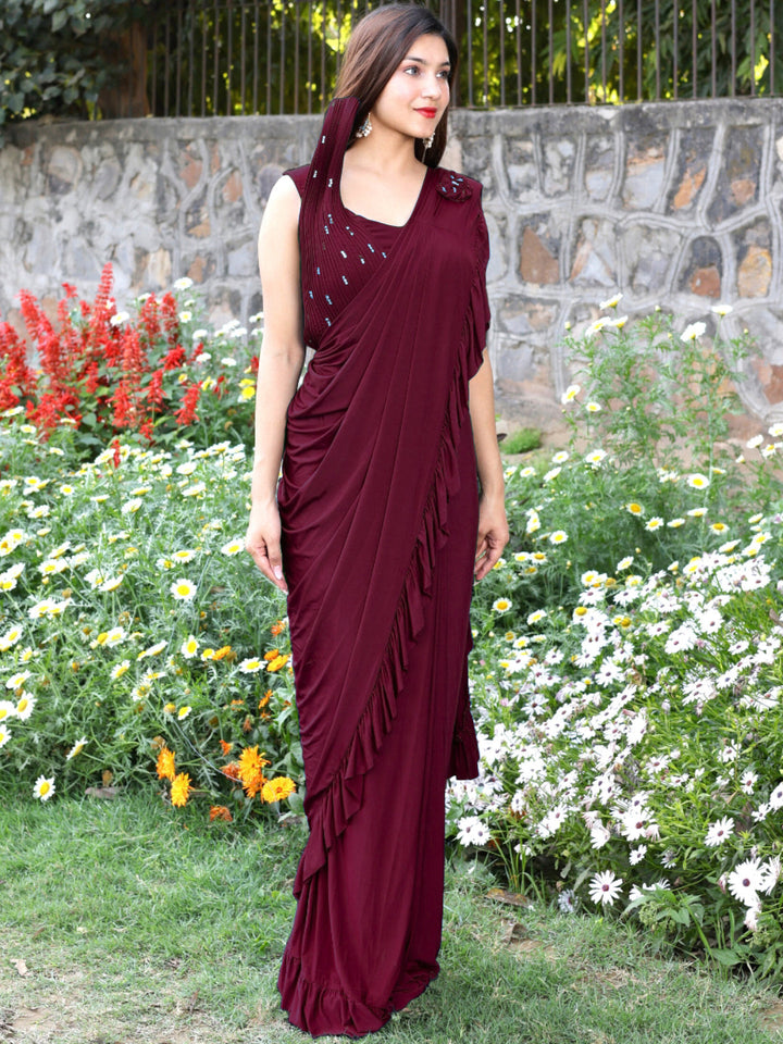 Pre-Draped Embellshed Ruffled Saree with Structured Pleated Blouse