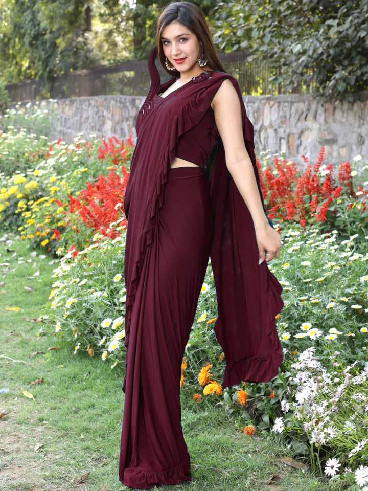 Pre-Draped Embellshed Ruffled Saree with Structured Pleated Blouse