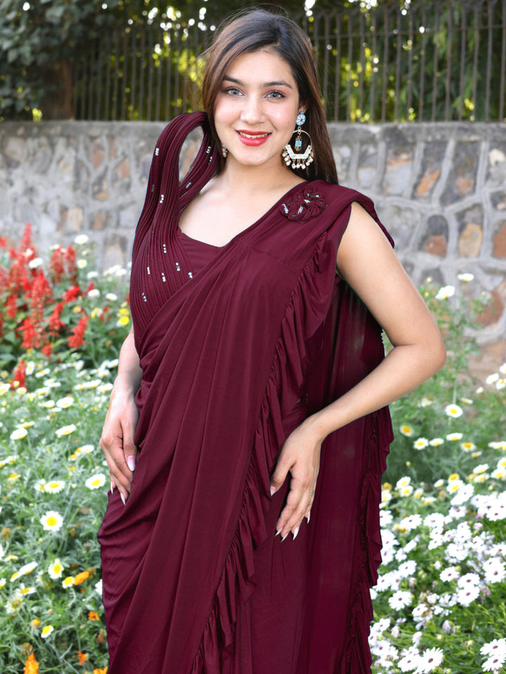 Pre-Draped Embellshed Ruffled Saree with Structured Pleated Blouse