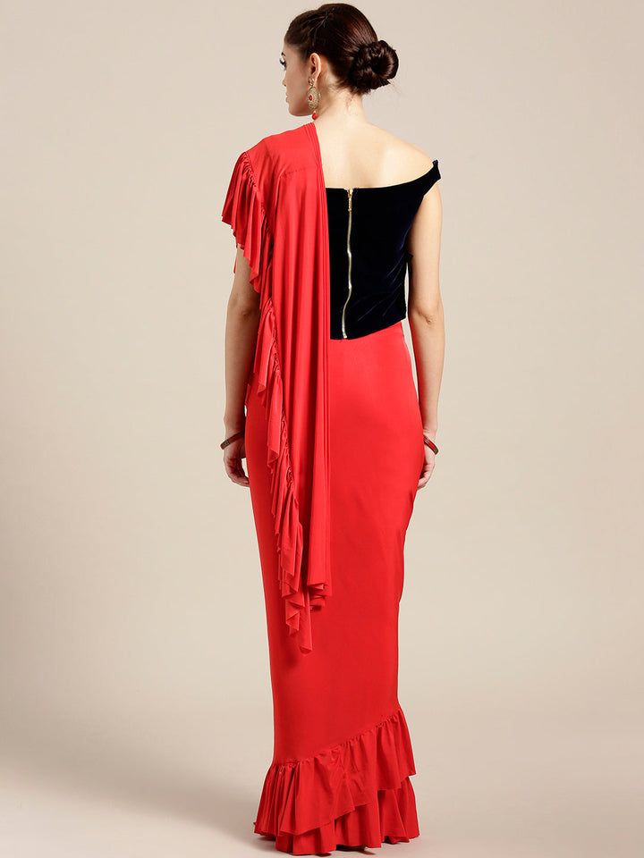 Draped Ruffled Pre-stitched Saree with Embroidered Off-shoulder Crop Top Blouse