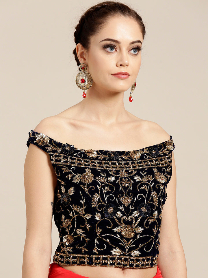 Draped Ruffled Pre-stitched Saree with Embroidered Off-shoulder Crop Top Blouse