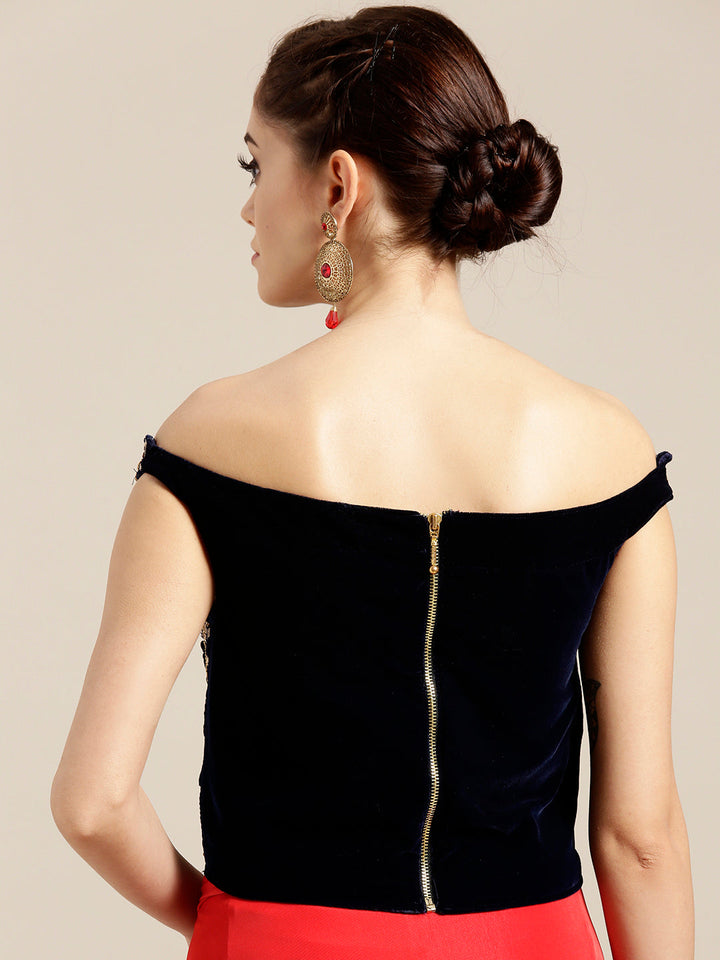 Draped Ruffled Pre-stitched Saree with Embroidered Off-shoulder Crop Top Blouse