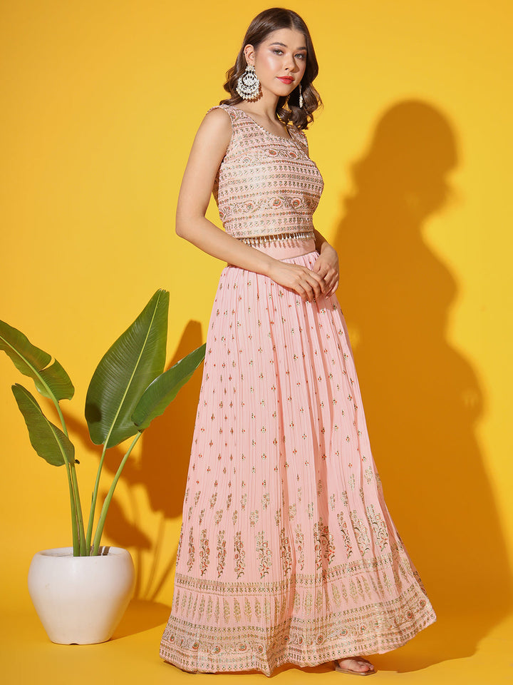 Peach Foil Print Embellished Georgette Lehenga Choli Dupatta Set