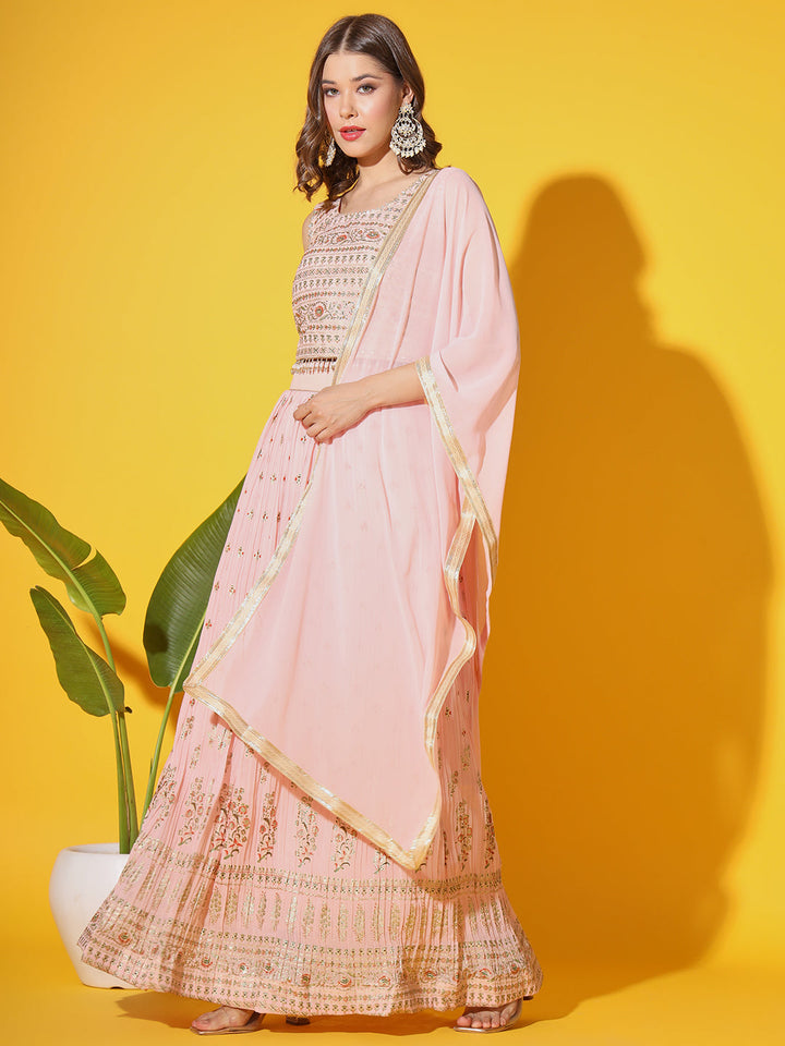 Peach Foil Print Embellished Georgette Lehenga Choli Dupatta Set