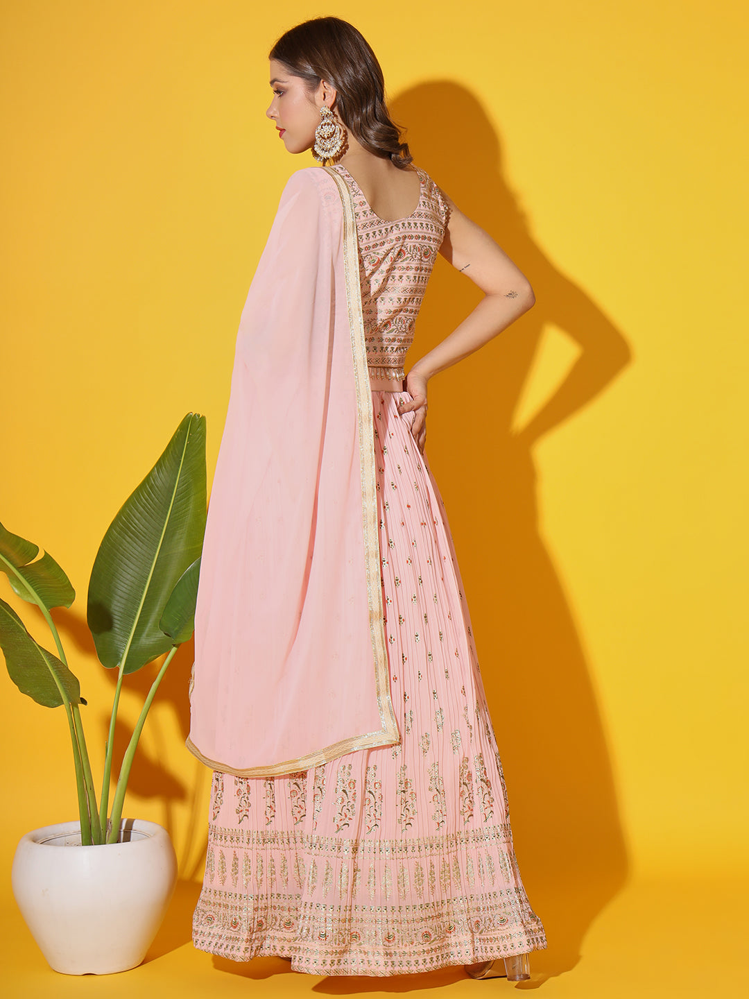 Peach Foil Print Embellished Georgette Lehenga Choli Dupatta Set