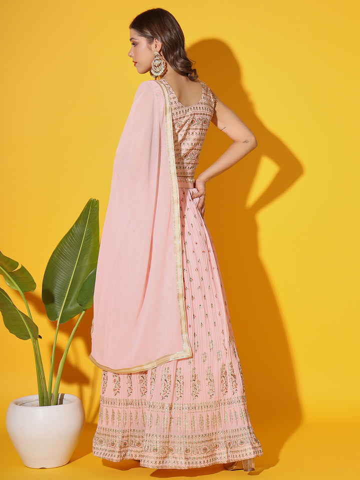 Peach Foil Print Embellished Georgette Lehenga Choli Dupatta Set