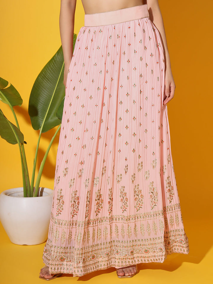 Peach Foil Print Embellished Georgette Lehenga Choli Dupatta Set