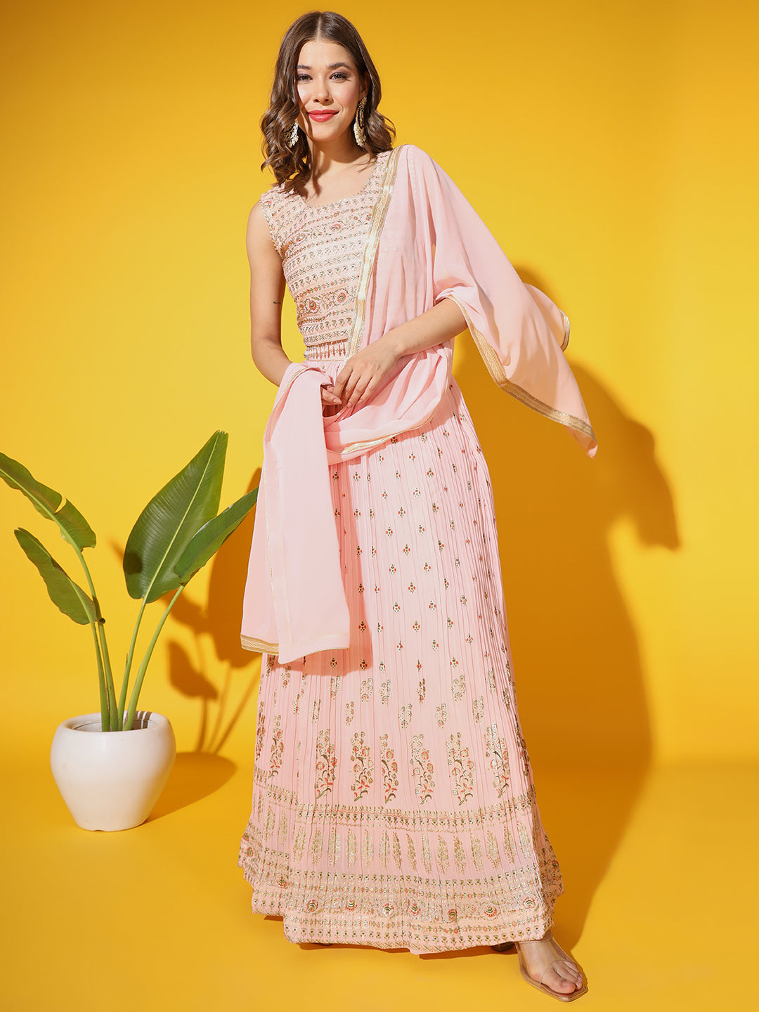 Peach Foil Print Embellished Georgette Lehenga Choli Dupatta Set