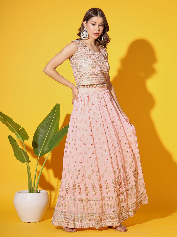 Peach Foil Print Embellished Georgette Lehenga Choli Dupatta Set