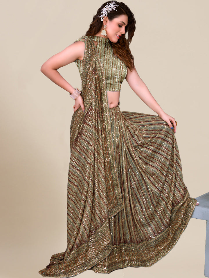 Striped Digital Print Saree with Sequin Embroidery Stretch Georgette