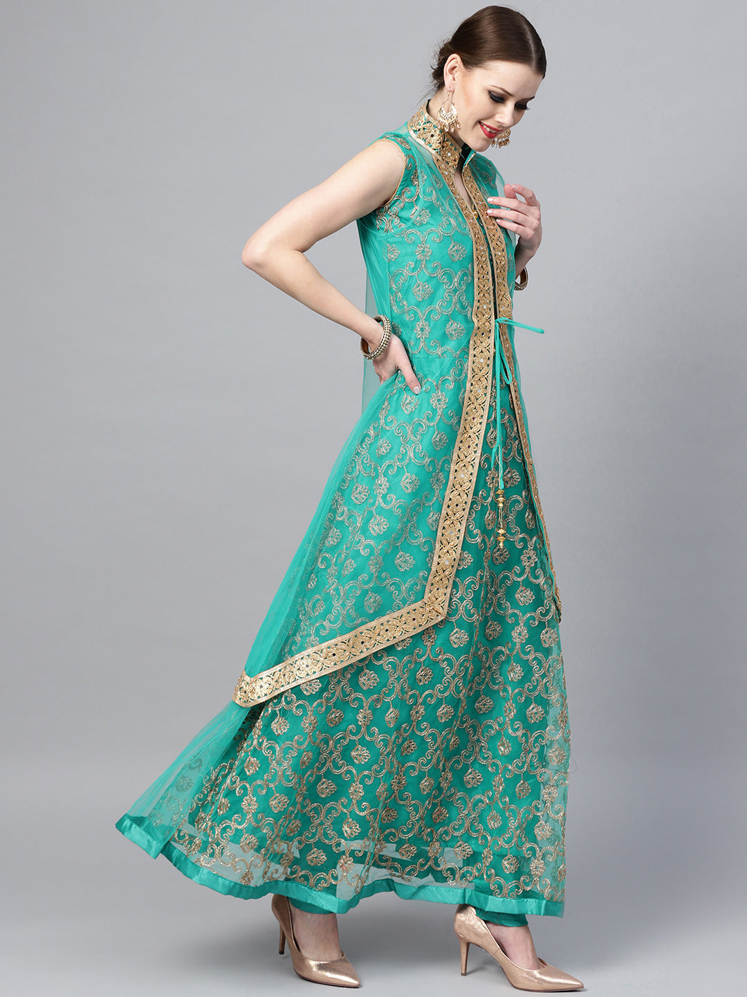 Zari Embroidered Anarkali Kurta Set with Matching Jacket
