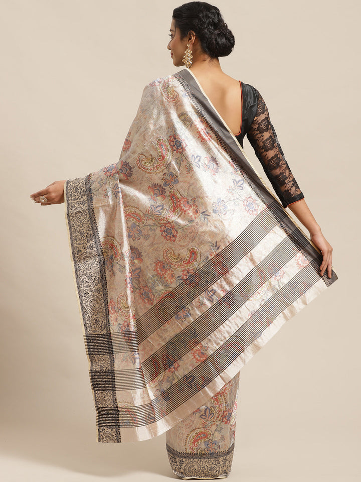 Handloom Chanderi Saree with  Floral Digital Print & Tribal Art Border