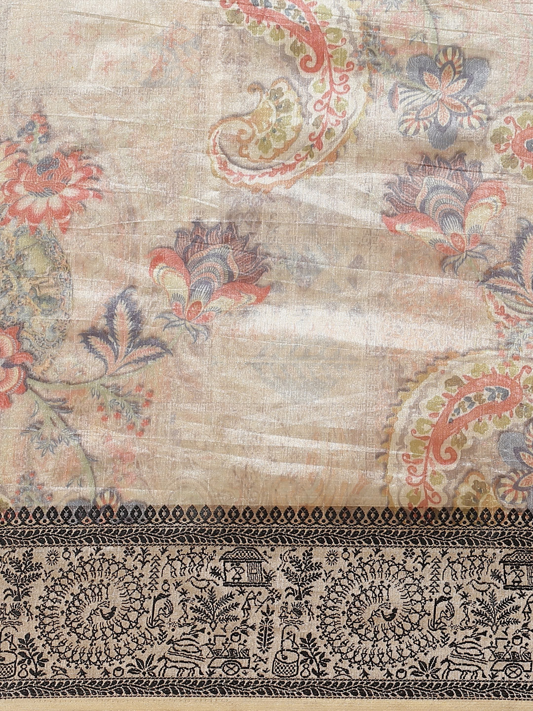 Handloom Chanderi Saree with  Floral Digital Print & Tribal Art Border