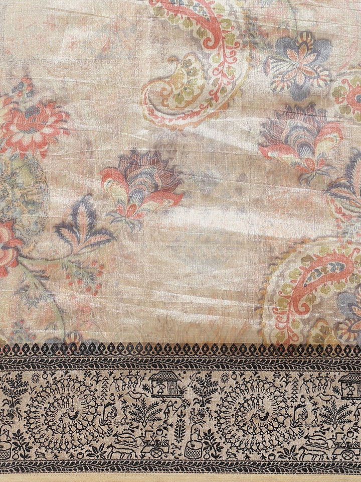 Handloom Chanderi Saree with  Floral Digital Print & Tribal Art Border