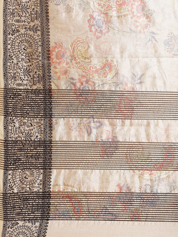 Handloom Chanderi Saree with  Floral Digital Print & Tribal Art Border