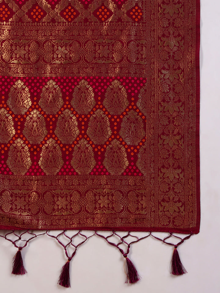 Banarasi Handloom Gharchola Saree with Golden Zari Meenakari Weaving & Jhalar Pallu