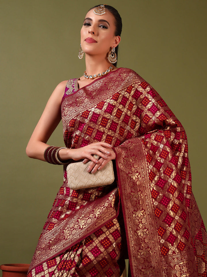Banarasi Handloom Gharchola Saree with Golden Zari Meenakari Weaving & Jhalar Pallu