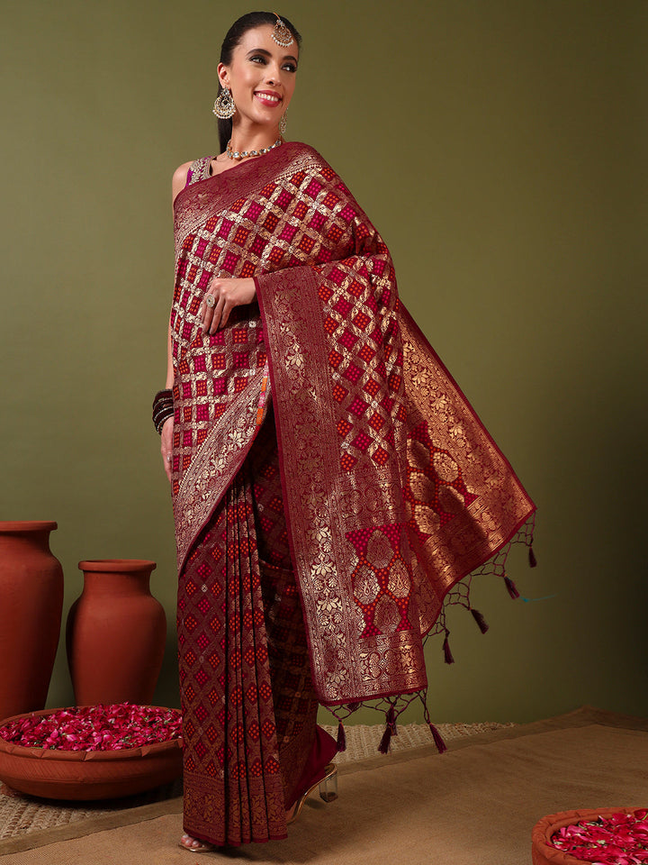 Banarasi Handloom Gharchola Saree with Golden Zari Meenakari Weaving & Jhalar Pallu
