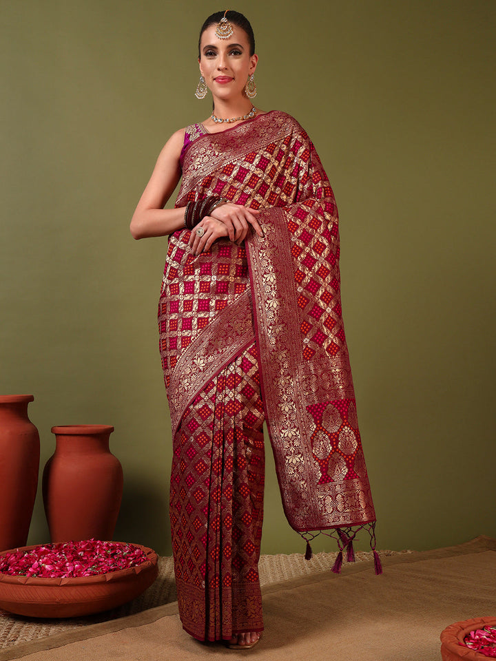 Banarasi Handloom Gharchola Saree with Golden Zari Meenakari Weaving & Jhalar Pallu
